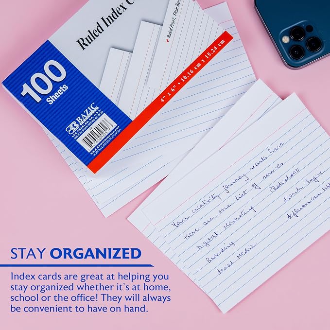 BAZIC Products White Ruled Index Cards, 4 x 6 in, 100 Ct, study notes, - Image 3