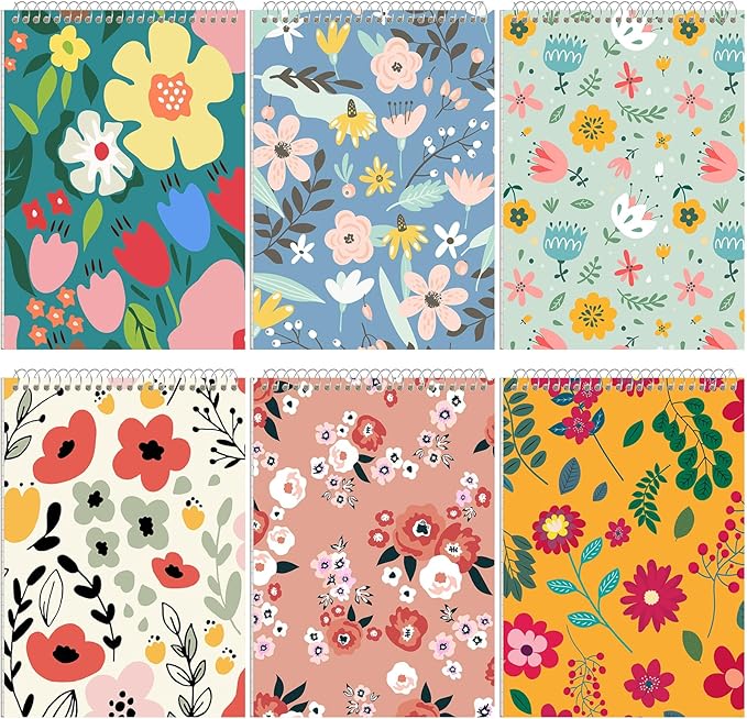 6 Pack 8.5 x 11'' Top Bound Office Steno Book Wide Ruled Double Sided Spiral Notebooks Reliable White Paper 70 Sheets/Pad Pastel Colors Covers for Writing School Notes (Floral Color)-DeskLoop Office