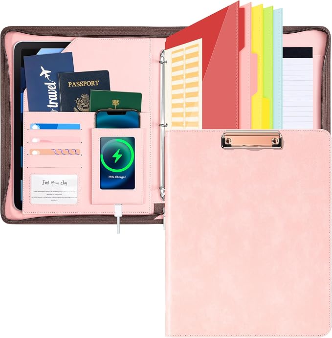 Ospelelf Zippered Padfolio Organizer, Faux Leather 3 Ring Binder by OspelelfOfficeSupplies