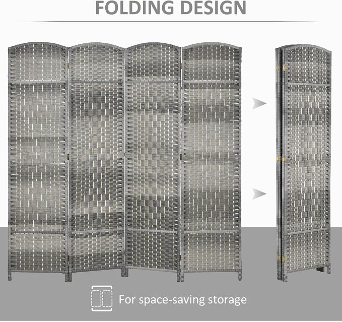 HOMCOM 4 Panel Room Divider, Hand-Woven Freestanding Wood Partition - Image 3