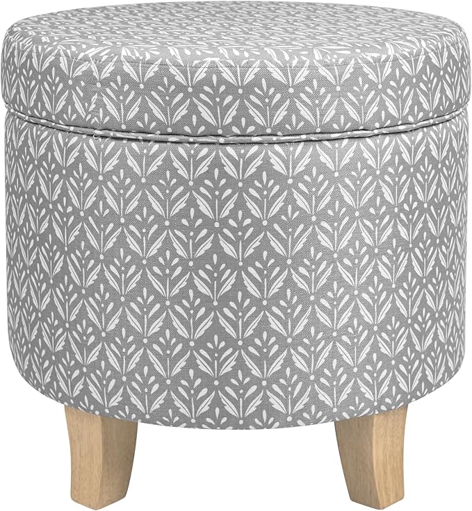 HomePop Upholstered Round Storage Ottoman|Homepop Home Décor|Upholstered Round Foot Rest Ottoman - Light Grey Print-DeskLoop Office