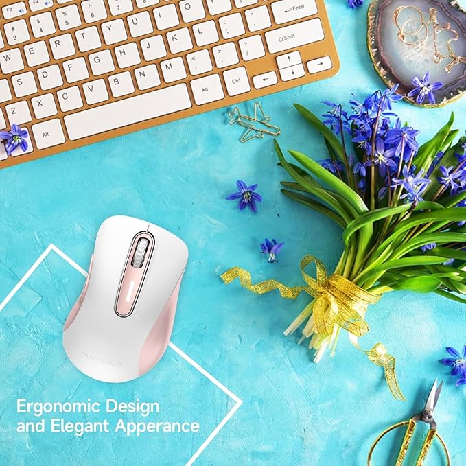 memzuoix 2.4G Wireless Mouse, 1400 DPI Computer Mice with USB Receiver, Portable Wireless USB Mouse Battery Powered Cordless Mice for Laptop, PC, Desktop, 5 Buttons (White Pink)-DeskLoop Office