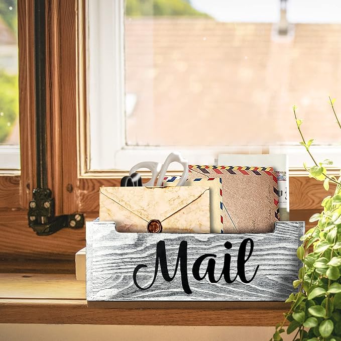 Mail Organizer Holder Countertop, Rustic Wood Mail Basket Storage Tray Letter - Image 5