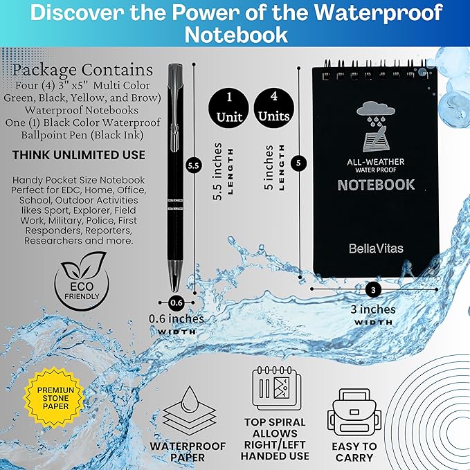 Waterproof 3x5 Notebook Pocket Notebook Small Spiral Notebooks Pocket Notepad Small Notepad 3x5 Pocket Notepad Police Notepad Tactical Notebook and All-Weather pen 4 Pack Multi-DeskLoop Office