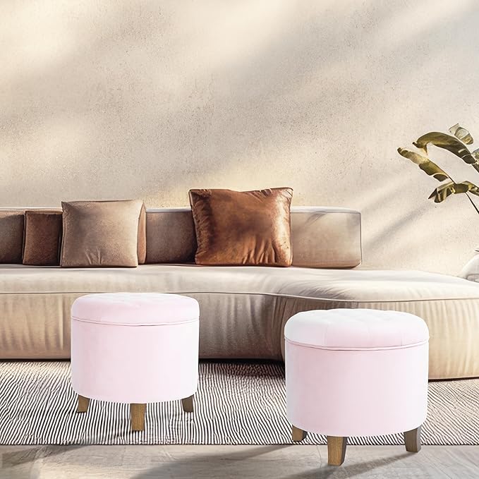 HomePop by Kinfine Fabric Upholstered Round Storage Ottoman - Velvet Button Tufted Ottoman with Removable Lid, Pink, Small-DeskLoop Office