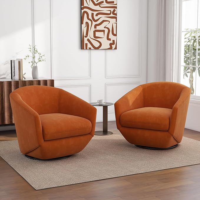 UIXE Velvet Swivel Accent Chairs Set of 2, Barrel Chair Upholstered Club Armchair for Living Room, Comfy Single Sofa Bedroom Side Reading Seat - Orange-DeskLoop Office
