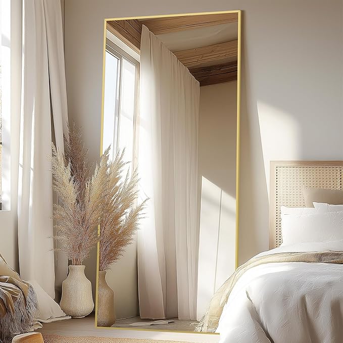 Full Length Mirror with Stand 76"x34" Extra Large Gold Floor Mirror, Rectangle Standing Mirror for Living Room Bedroom Cloakroom Gym, Thin Aluminum Frame, Tempered Glass-DeskLoop Office
