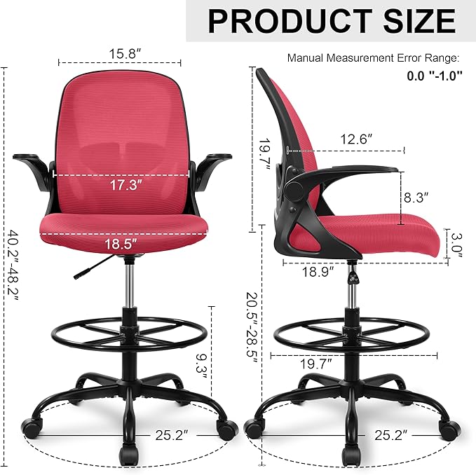Primy Drafting Chair Tall Office Chair with Flip-up Armrests Executive Ergonomic Computer Standing Desk Chair with Lumbar Support and Adjustable Footrest Ring (Fire Brick)-DeskLoop Office