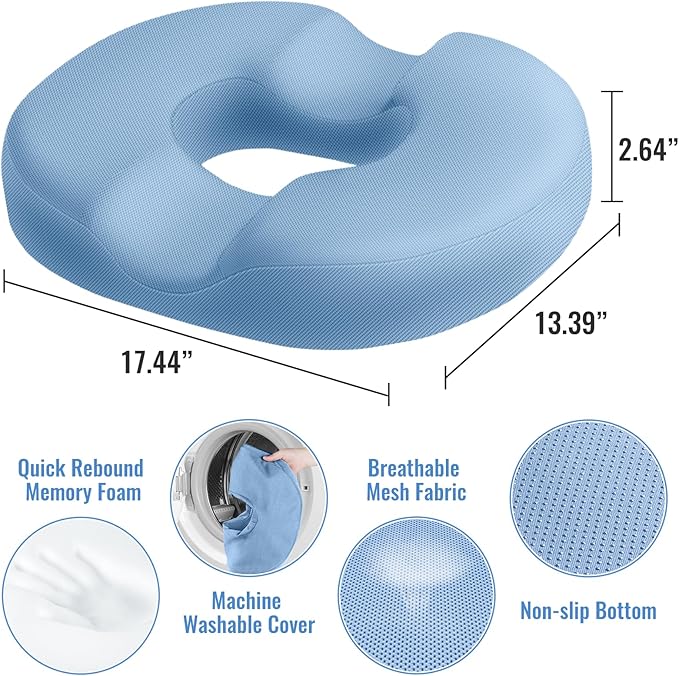 CloudBliss Donut Pillow Seat Cushion Chair Pad for Tailbone Pain Relief and Hemorrhoids, Memory Foam Seat Chair Cushion for Men and Women for Home & Office, (Light Blue)-DeskLoop Office