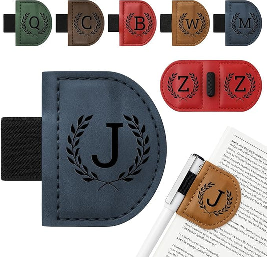 Personalized Bygone Mark Bookmark with Pen Holder,Engraving Leather Magnetic Bookmarks Vintage 26 Letters Name Initials Text Book Marker Clips Gifts for Reading Book Lovers Women (Blue, J)