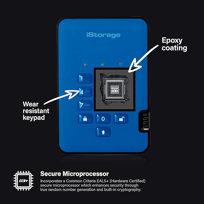 iStorage diskAshur2 HDD 1TB Blue | Secure portable hard drive | Password protected | Dust & water resistant | Hardware Encryption-DeskLoop Office