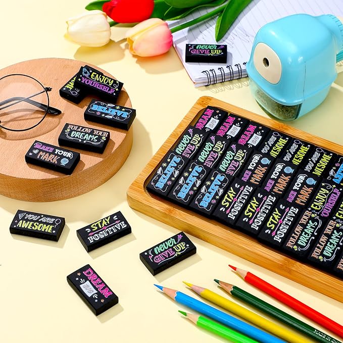 100 Pcs Inspirational Pencil Erasers Bulk for Kids Fun Motivational Eraser School Supplies Back to School Office Supplies for Classroom Office Teacher Artists (Colorful Chalkboard)-DeskLoop Office