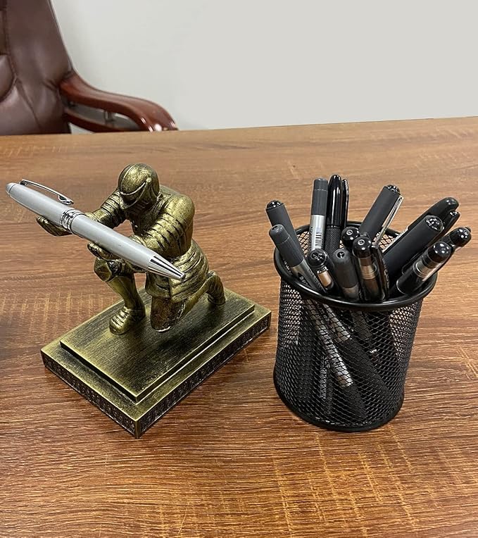 Executive Knight Pen Holder with a Pen Personalized Desk Accessories Decor Home Office Cool Pen Stand Gold-DeskLoop Office