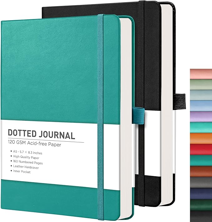 RETTACY Bullet Dotted Journal Notebook, 2-Pack, 160 Numbered Pages per Pack, A5 Medium Size (5.7'' x 8.3''), 120 GSM Thick Paper, Leather Hardcover, for Bullet Journaling (Black & Cyan)-DeskLoop Office