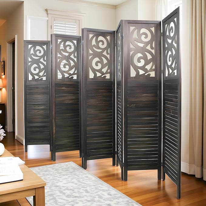 Room Divider, 5.6FT Folding Room Divider Panel, 8 Panel Craved Wood Partition Wall Divider for Room Separation, Rustic Brown-DeskLoop Office