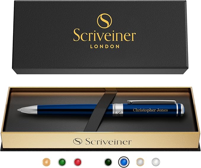 Scriveiner Personalized Midnight Blue Pen - Stunning Blue Lacquer Luxury Pen, Chrome Finish, Schmidt Ink Refill, Best Engraved Ball Point Gift Set for Men & Women, Custom Name Engraving-DeskLoop Office