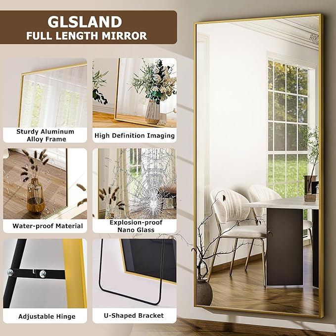GLSLAND 68" x 24" Full Length Mirror - Rectangle Floor Mirrors Aluminum Alloy Frame Full Body Mirror for Bedroom, Living Room, Cloak Room, Gold-DeskLoop Office