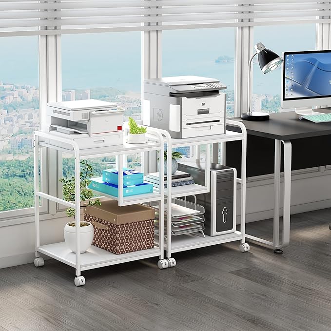 Large Printer Stand Table with Storage Shelf for Host Computer, PC Tower, CPU and Shredder, 3 Tier Rolling Printer Cart with Wheels for Home Office Storage and Organization - White-DeskLoop Office