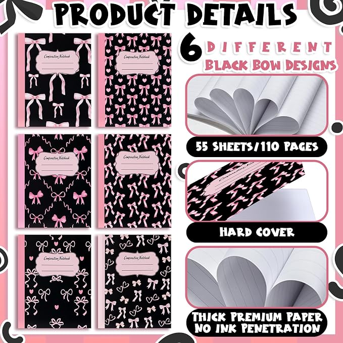 Fullhawl 6 Pack Composition Notebook College Ruled Bulk Black Pink Bow - Image 5