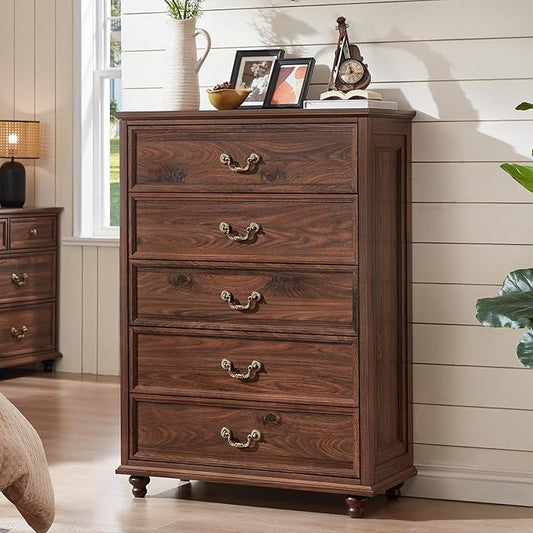 Farmhouse 5 Drawer Dresser for Bedroom, 45" Tall Rustic Chests of Drawers w/ 4 Solid Wood Feet, Mid Century Modern Wooden Closet Storage Dressers Organizer for Living Room, Hallway, Brown-DeskLoop Office