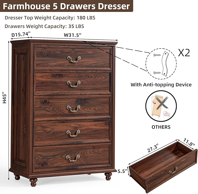 Farmhouse 5 Drawer Dresser for Bedroom, 45" Tall Rustic Chests of Drawers w/ 4 Solid Wood Feet, Mid Century Modern Wooden Closet Storage Dressers Organizer for Living Room, Hallway, Brown-DeskLoop Office