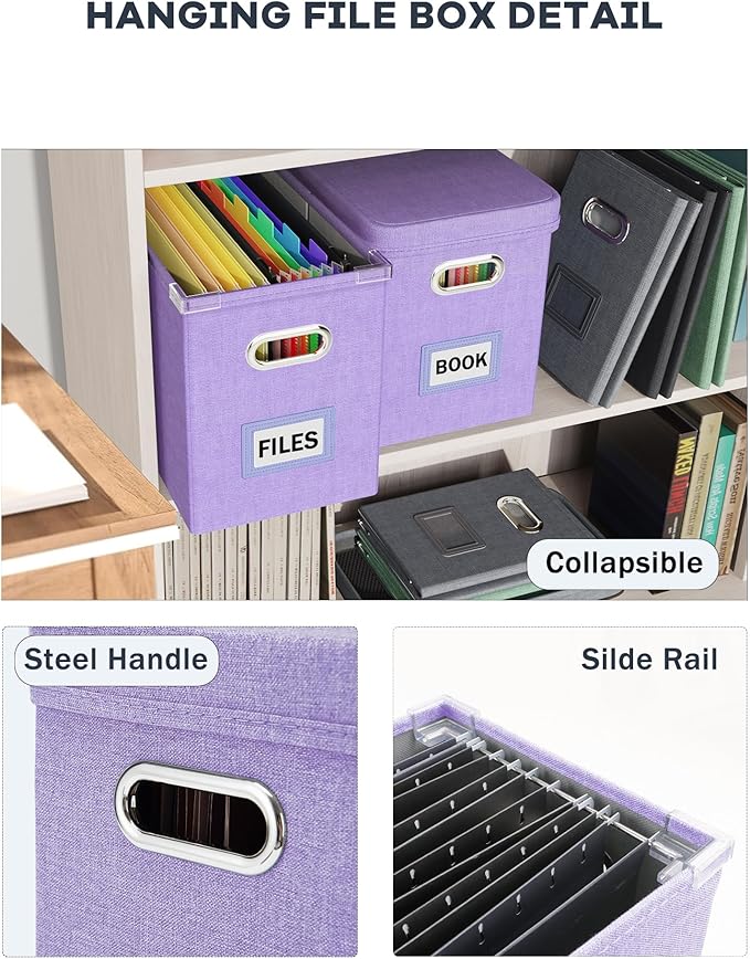 Oterri File Organizer Box with Lid, Hanging Filing File Box with Mesh Pocket, Document Organizer Box for Letter Files, Portable Storage Box with Smooth Sliding Rail for Office&Home (1 PCS, Lavender)-DeskLoop Office
