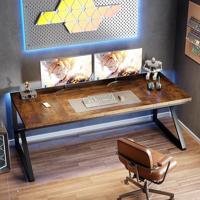 HSH Large Rustic Brown Computer Desk, 70 Inch Home Office Metal Wood Desk for 2 Person, Farmhouse Extra Long Writing Study Gaming Table, Bedroom Living Room PC Laptop Dual Monitor Desk-DeskLoop Office