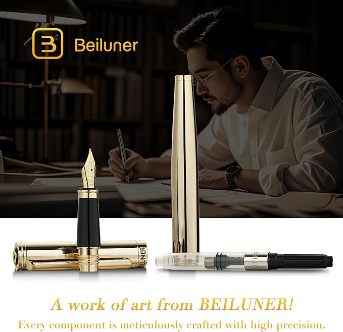 BEILUNER Gold Fountain Pen,Stunning Luxury Pens with 24K Gold Finish, Gorgeous 24K Gilded Nib(Medium), Ink Converter,Fancy Pen Gift for Men&Women-Elegant, Office, Professional, Reliable, Nice Design-DeskLoop Office