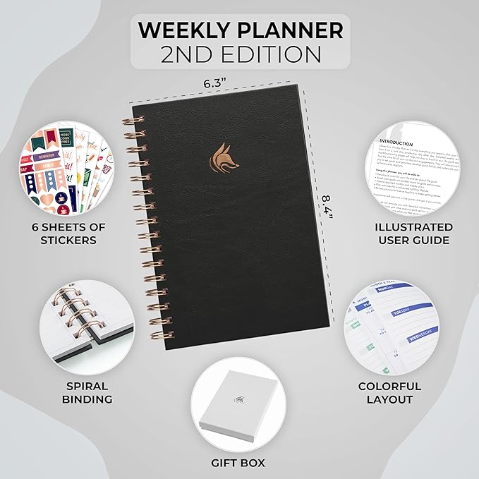 Clever Fox Planner 2nd Edition Spiral – Colorful Weekly & Monthly Goal Planner, Time Management & Productivity Organizer, Undated (Black)-DeskLoop Office