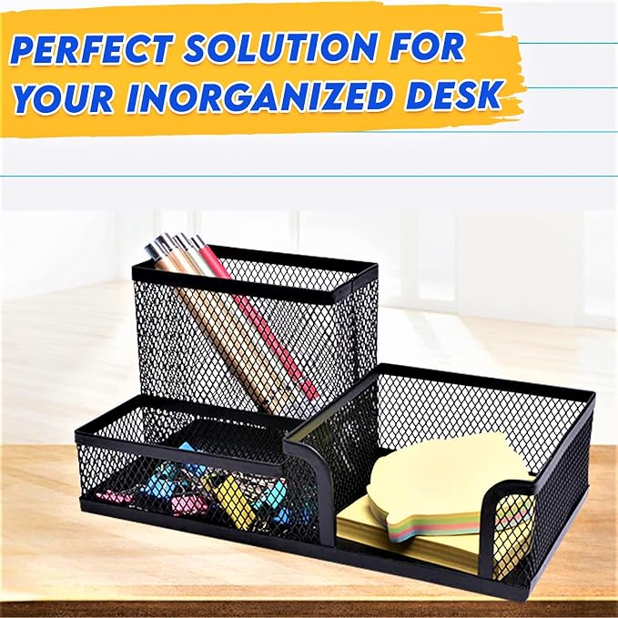 2 Pack 3 in 1 Mesh Pen Holder for Desk, 3 Compartments Pencil Holder Desk - Image 6