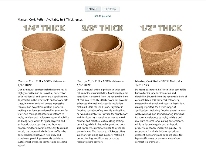 Manton Cork Premium Cork Roll - 4' x 25' x 3/8", 100% Natural Facing Grade Material for Bulletin Boards, Decorative Photo and Message Push Pin Displays - Perfect for Home, School, and Office-DeskLoop Office