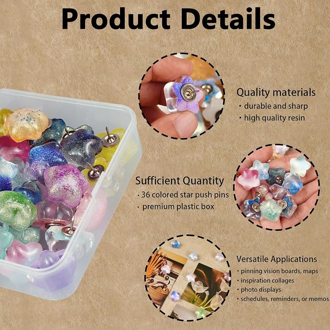 36 Colored Star Push Pins, Cute Push Pins Thumbtacks - Image 5