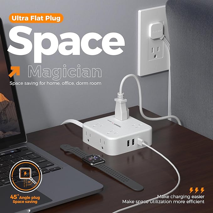 Extension Cord with Multiple Outlets, TESSAN 10 FT Surge Protector Power Strip Flat Plug, 8 AC Outlets, 900J 3 USB Ports (1 USB C), Desk Charging Station with Protection for Home, Office, Dorm Room-DeskLoop Office