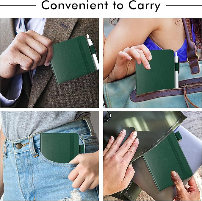 feela 6 Pack Pocket Mini Notebooks Bulk, Small Cute Memo Notepads Hardcover College Ruled Lined Journals with Pen Holder for School Business Work, with 6 Black Pens, 3.5”x 5.5”, A6, Dark Green-DeskLoop Office