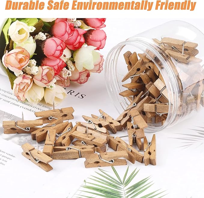 50 PCS Push Pin with Wooden Clips, Durable Wooden Push Pins, Decorative - Image 5