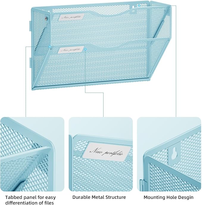 Marbrasse Wall File Holder 2-Tier Hanging Wall File Organizer, Mesh Mail Holder - Image 3