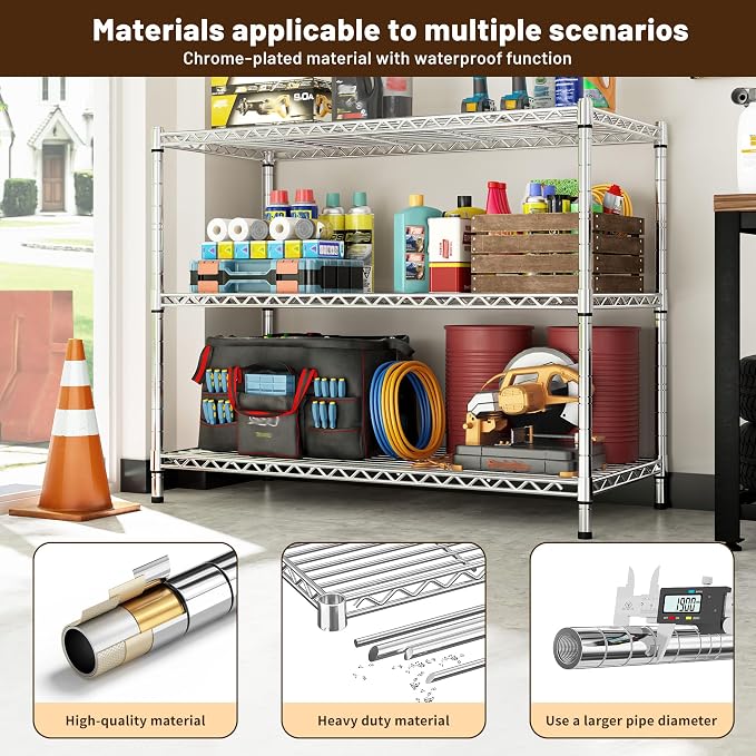 3- Shelf Metal Shelving Unit 35.6Wx14Dx36H, Adjustable Storage Shelves Heavy - Image 7