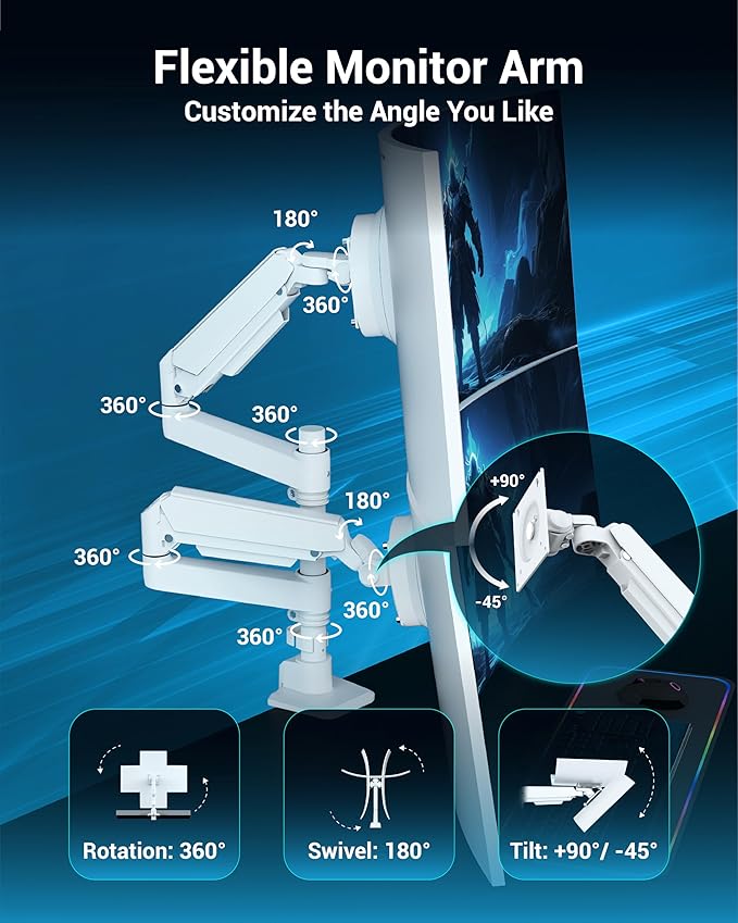 Dual Monitor Arm for 13-49 Inch Ultrawide Screens, Heavy Duty Monitor Mount for 2 Monitors up to 44lbs, Full Motion Vertical Stacked Dual Monitor Arm Desk Mount, 75/100mm VESA Mount, White-DeskLoop Office
