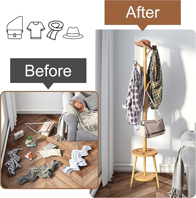 FILWH Freestanding Coat Rack with Umbrella Organizer Tray Bamboo Coat Tree Rack with 8 Hook Stand for Clothes Bag Hats Entryway Hanger Stand(Nature)-DeskLoop Office