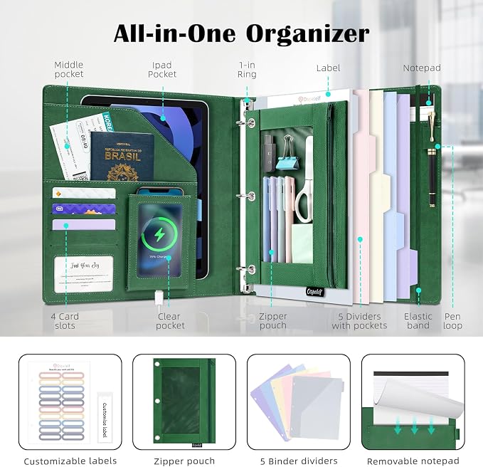 Ospelelf Green Leather 3 Ring Binder 1 Inch Round Ring, Magnetic Clipboard Folio - Image 2
