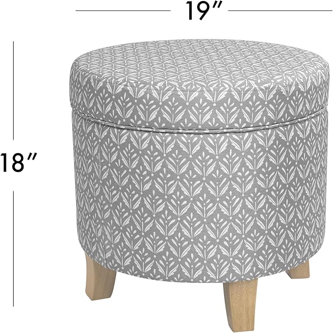 HomePop Upholstered Round Storage Ottoman|Homepop Home Décor|Upholstered Round Foot Rest Ottoman - Light Grey Print-DeskLoop Office
