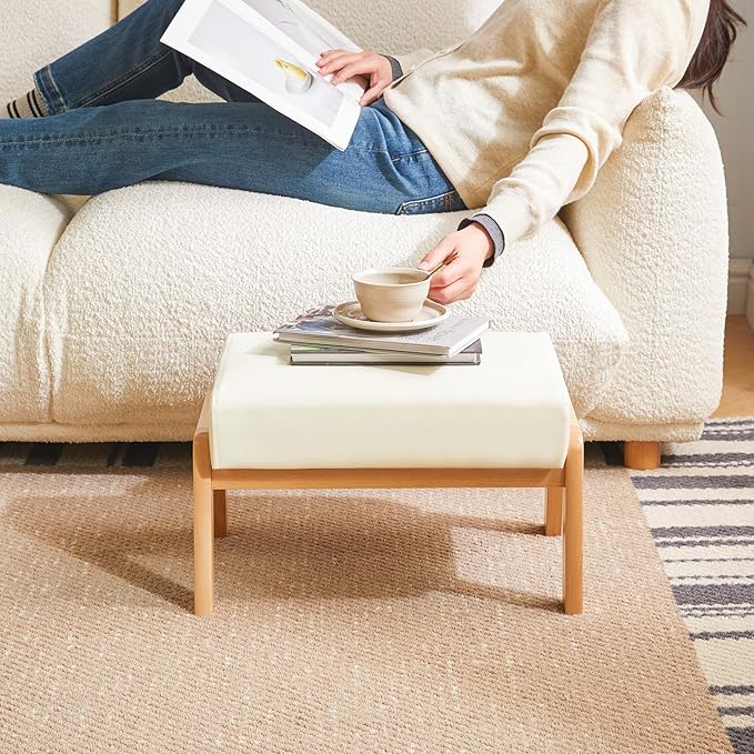 IBUYKE 10.2” H Small Foot Stool Ottoman, Rectangle PU Faux Leather Foot Rest with Padded Seat and Wood Legs, Modern Accent Ottoman Foot Rest for Living Room Bedroom Couch Office, White WBD013W-DeskLoop Office