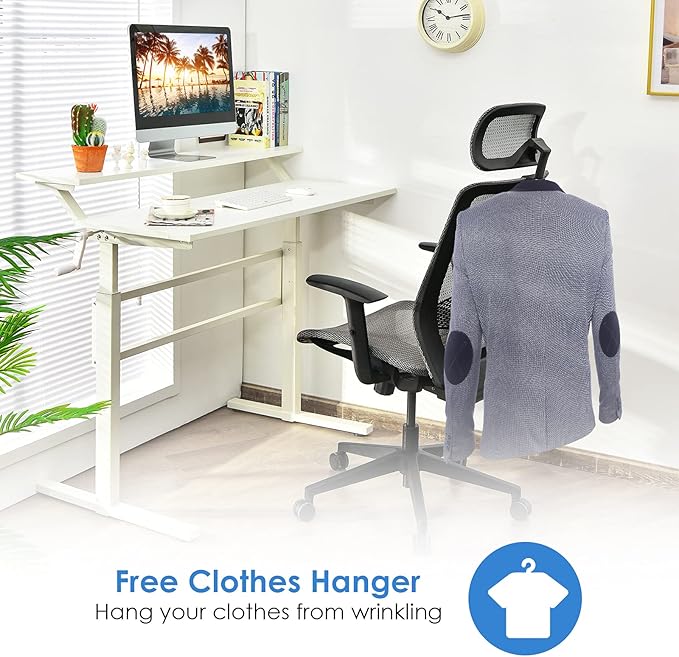 POWERSTONE Ergonomic Mesh Office Chair - High Back Computer Desk Tilt Lock Mesh Seat with Lumbar Support and Clothing Hanger, Executive Swivel Mesh Chair with Adjustable Arms and Headrest (Grey)-DeskLoop Office