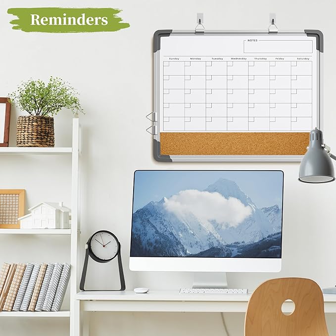 Dry Erase Calendar White Board for Wall, Polegas 17" X 13" Magnetic Whiteboard Dry Erase Cork Board Combination, Small Wall Monthly Double Sided Boards Student, Home, Office (White)-DeskLoop Office