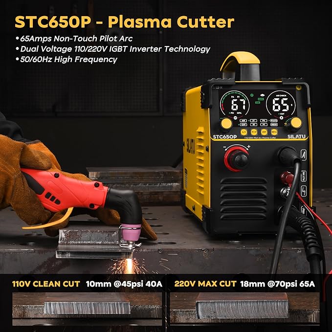 SILATU 65Amps Plasma Cutter, Large LED Display, Non-Touch Pilot Arc, Air Sensor Technology, 110/220V Dual Voltage IGBT Inverter Plasma Cutter Machine, 14mm Clean Cutting Thickness for Beginners DIY