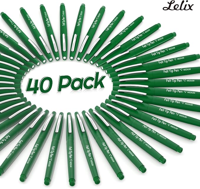 Lelix Felt Tip Pens, 40 Green Pack, 0.7mm Medium Point, Felt Tip Markers Pens - Image 2