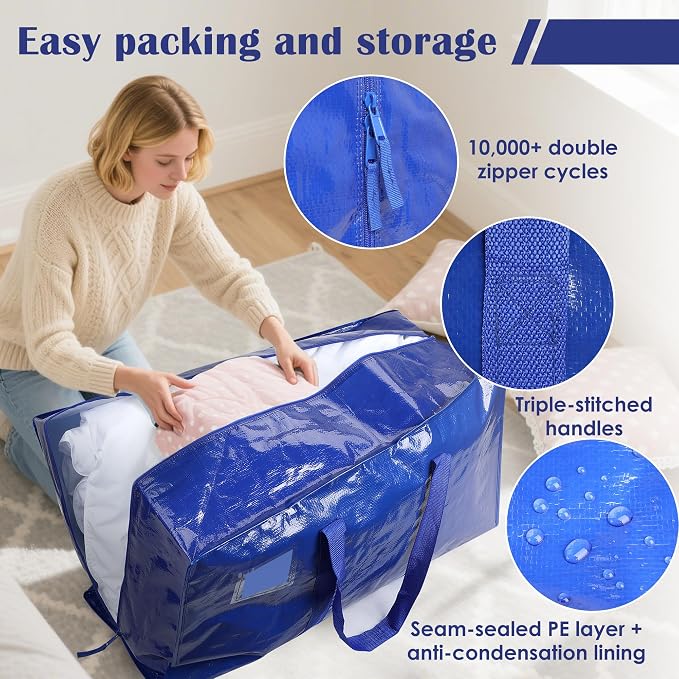 6 Pack Moving Bags with Full-Open Side Zipper, Extra Large 93L Heavy Duty - Image 3