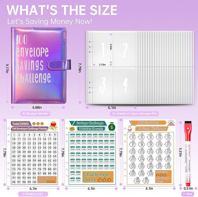 100 Envelopes Challenge Binder Savings Challenges Book, A5 Money Saving Planner Cash Envelope Budget Binder with Erasable Pen, Easy and Fun Way to Save $5,050, 10,000 and $500 (White)