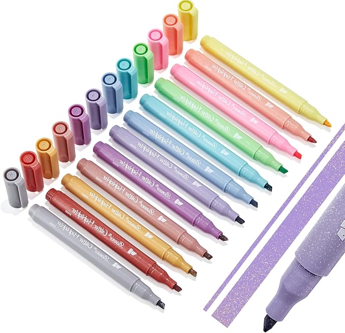 Silver Glitter Highlighters, 12 Metallic Colors, No Bleed Chisel Tip | Quick Dry by Bonace