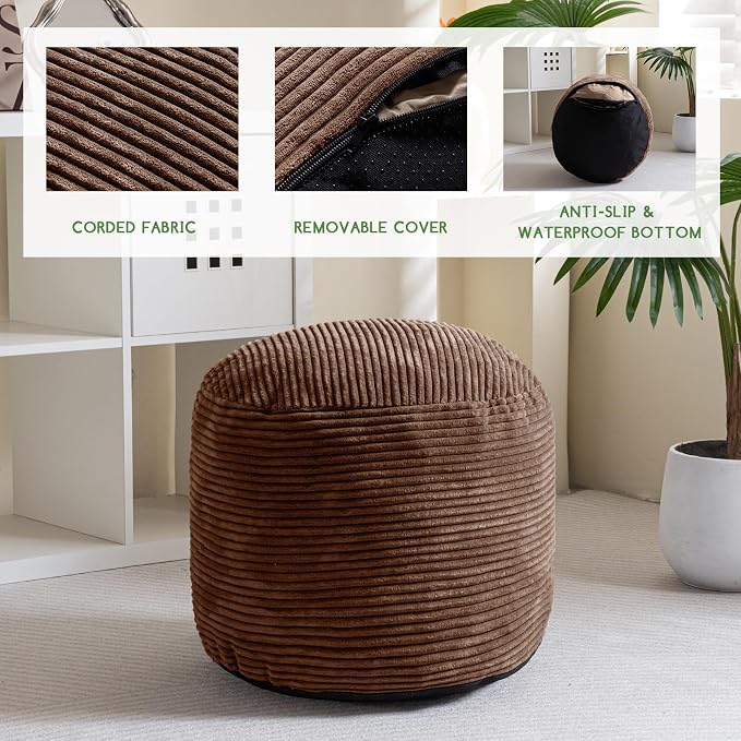 HIGOGOGO Round Stuffed Pouf Ottoman, Corduroy Poufs - Image 3